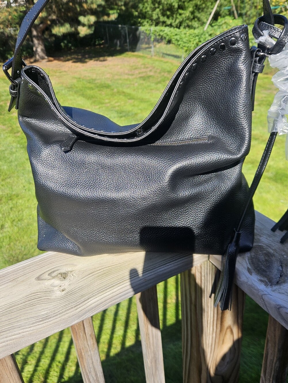 Slouchy Black Leather Laggo Reed Hobo shoulder Bag, tassels & Stud Detail NWOT